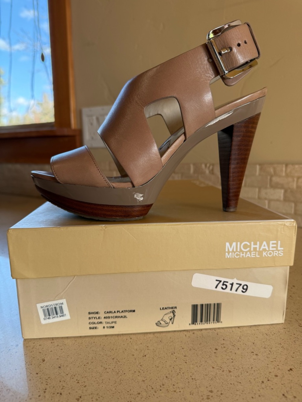 MICHAEL Michael Kors Taupe Leather Platform Heels with Wood-Look Heel